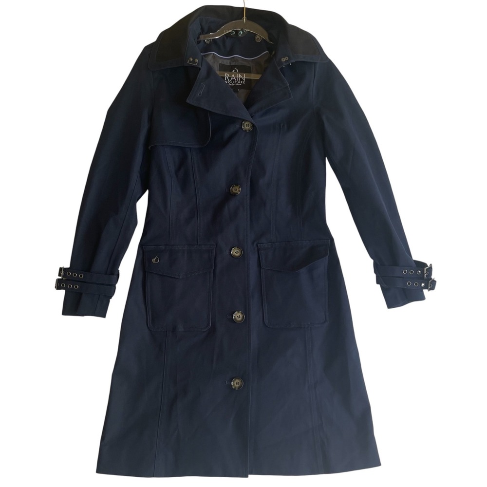 Rain Couture Amsterdam Trench Coat Womens S Navy Blue Hooded Waterproof - FLAW